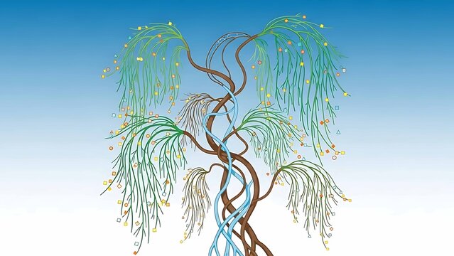 dna tree of life illustration with intertwined genetic branches and abstract data leaves on blue gradient background for biology concepts - Powered by Adobe