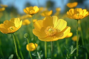 Obraz premium Sunlit yellow buttercup flowers in a green meadow with blurred background, radiating bright cheerful and serene spring mood
