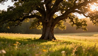 Obraz premium Majestic Old Oak Tree in Sunlit Meadow at Dawn with Warm Golden Light and Serene Atmosphere