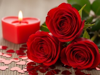 Fototapeta premium Romantic arrangement of red roses with candle and heart confetti on wooden table for valentines day or anniversary celebration