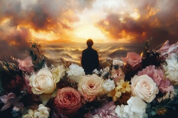 silhouette of a solitary figure standing before a golden sunset over the sea surrounded by large roses and blooms, evoking contemplative dreamy solitude
