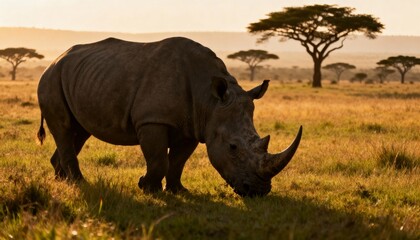 Fototapeta premium Majestic African Rhinoceros Grazing in the Savanna During Sunset with Iconic Scenery and Warm Golden Lighting