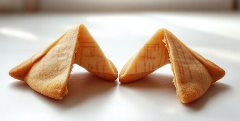 two golden folded fortune cookies on a clean white surface with soft shadows, evoking playful curiosity and anticipation