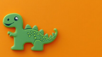 Obraz premium smiling green dinosaur cookie with decorative icing on bright orange background, cheerful and playful mood