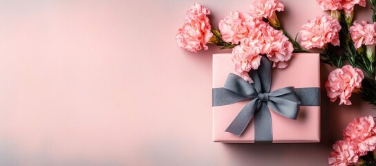 pink gift box with gray ribbon and bow surrounded by pink carnations on soft pastel background, delicate romantic celebratory mood