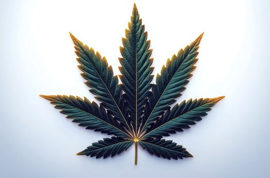 Single serrated cannabis leaf with seven dark green leaflets and gold-edged highlights on a clean white background, striking and serene botanical composition