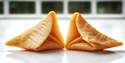 Two golden sugar-coated fortune cookies on a glossy white surface with soft window backlight, visible crystallized sugar and reflection, warm inviting playful mood