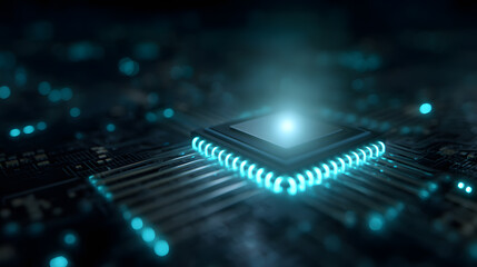 Cybernetic Core:  A close-up depiction of a central processing unit (CPU) illuminated with blue light, showcasing intricate circuitry and electronic pathways, hinting at the complex.