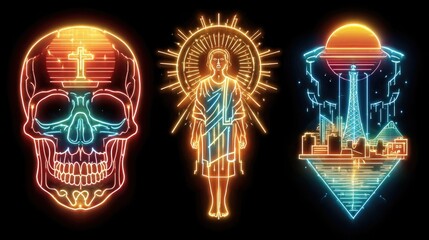 Neon tattoo design vectors with glowing outlines, futuristic motifs, cyberpunk style suitable for digital artwork, NFT designs, and tattoo concept art.