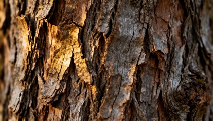 Fototapeta premium Close-up of textured tree bark illuminated by warm sunlight highlighting natural patterns and rugged surface