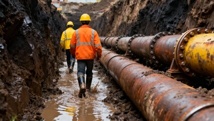 Two industrial workers in yellow helmets and orange jackets walking through muddy trench lined with large rusted metal pipes