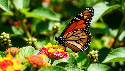 Fototapeta premium Vibrant Monarch Butterfly Nourishing on Colorful Bloom in a Lush Garden Scene