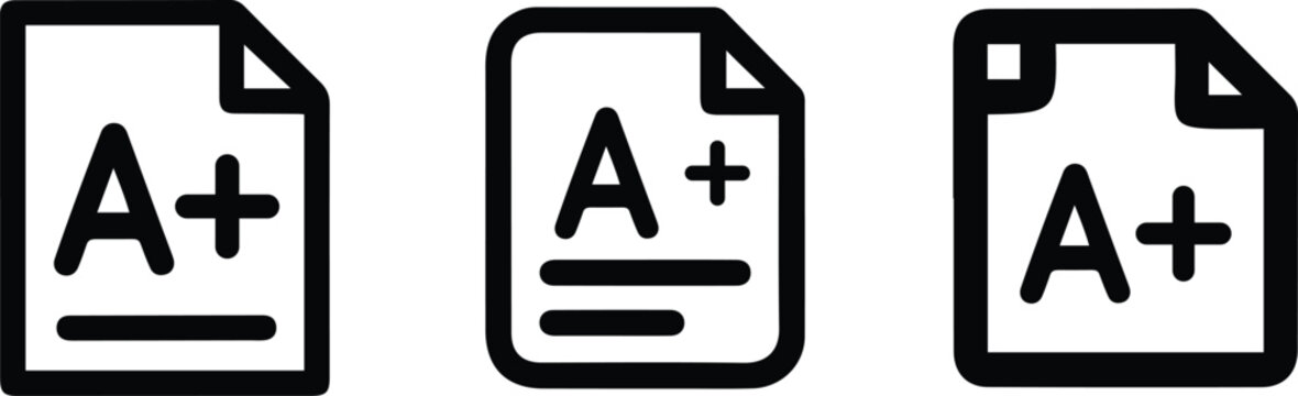 A Plus Grade Document Line Icon Set &ndash; Exam Result, Certificate, and Evaluation Outline Symbols