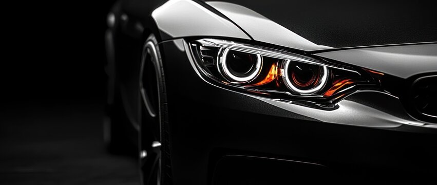 close-up of a sleek black sports car front with glowing led halo headlights, amber turn signal, glossy hood and visible wheel, conveying power, speed and aggressive elegance
