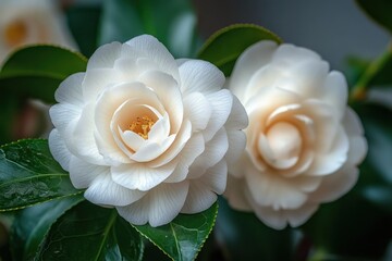 Two creamy white camellia blossoms with layered petals and glossy green leaves, serene and delicate