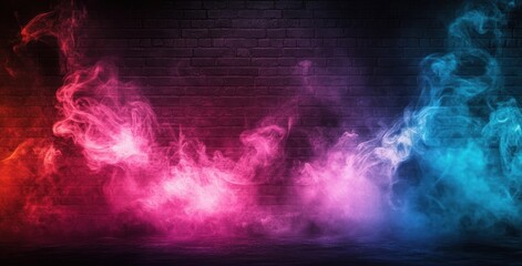 vibrant neon smoke in red, pink and blue swirling across a dark brick wall backdrop, moody and mysterious atmospheric glow