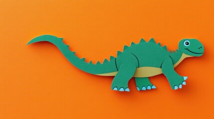 Obraz premium friendly green cartoon dinosaur cutout with spikes and long tail on bright orange background, smiling and playful