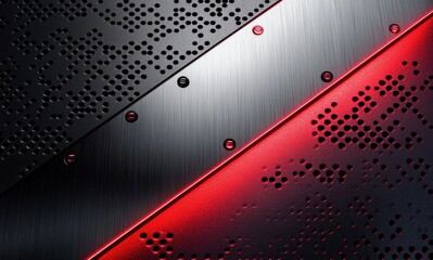 diagonal brushed metal strip between perforated black panels with red glowing edge, rivets and water droplets conveying a sleek futuristic industrial mood