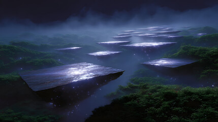 Floating Stones: A mesmerizing view of illuminated floating stones or platforms set against a backdrop of mist, surrounded by lush vegetation, showcasing a fantasy landscape.