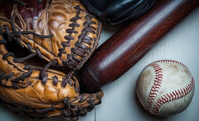 Worn leather baseball glove, scuffed ball and wooden bat arranged on a painted wooden surface, evoking a nostalgic game-ready feeling