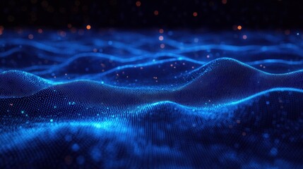 Glowing blue digital wave landscape of undulating particle mesh with floating orange sparks, serene futuristic abstract data sea