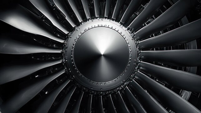 Close-up of polished jet engine fan blades and central spinner cone conveying power, precision, and dramatic symmetry