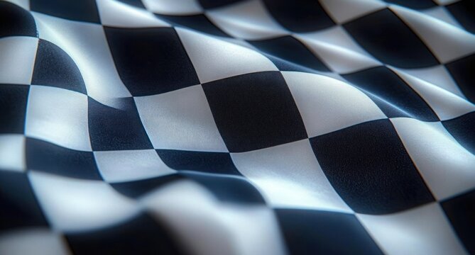 Close-up of a waving black and white checkered fabric with glossy squares, deep folds and dramatic highlights conveying motion and dynamic energy