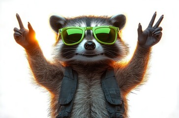 upright raccoon wearing a tactical vest and green sunglasses, arms raised making peace and victory signs, backlit fur glowing in a confident celebratory pose