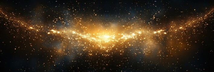 Panoramic starfield with a glowing golden galactic band, scattered sparkles and nebulous dust clouds conveying awe and majestic wonder