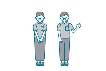 動きやすい服装の女性が笑顔で挨拶と案内をするイラスト