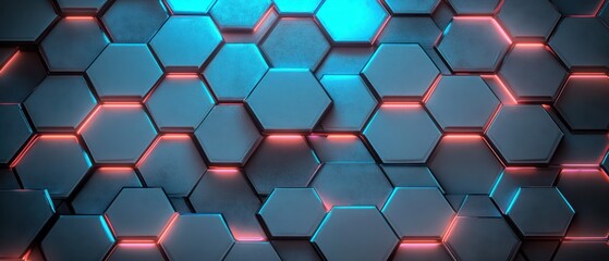 3d metallic hexagonal tiles with glowing blue and red neon seams forming a repeating geometric pattern, futuristic sleek abstract tech background conveying a dynamic cool mood