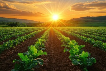 Golden sunrise over a field of young green crops in neat rows with rich brown soil, rolling hills and dramatic clouds, peaceful and hopeful rural landscape