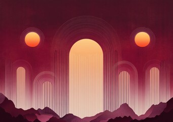 Surreal sunset landscape with glowing central arch, twin suns, layered vertical arches and silhouetted purple mountains, calm and mysterious atmosphere