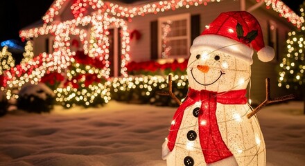 A glowing snowman figure, decorated house, festive lights, snow, night - winter season, holiday Christmas New Year eve celebration, outdoor colorful decoration concept 