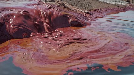 Ruby-colored volcanic mud slowly oozes into a clear pool, showcasing geological processes and earthy textures.