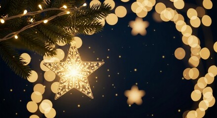 A glowing star christmas decoration ornament hanging on tree branch, festive lights, copy space - Christmas New Year festive celebration, holiday greeting background, template, display, backdrop