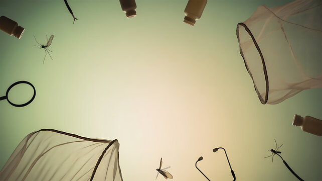 Mosquitoes and insect collection tools viewed from below against a soft gradient background