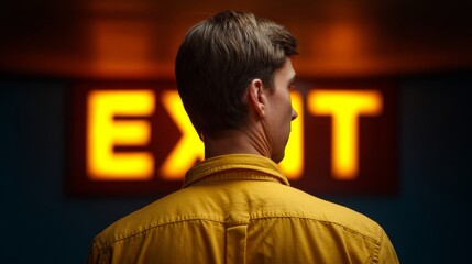 A man staring at exit sign in building 
