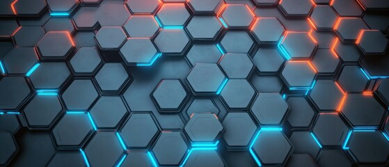 dark metallic hexagonal tile grid with glowing blue and orange seams and layered 3d honeycomb pattern conveying a sleek futuristic mysterious energy