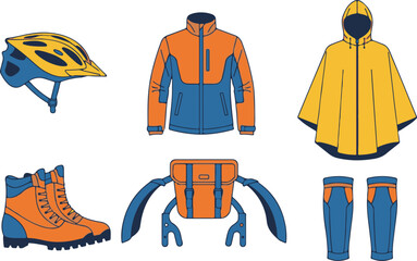 Assortment of yellow and blue cycling gear including helmet jacket boots and bag bicycle equipment