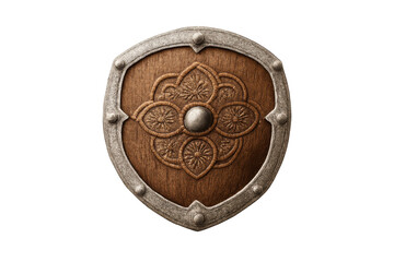Fototapeta premium Rustic wooden shield displaying an intricate carved floral design and sturdy metal trim, depicting ancient protection and historical defense
