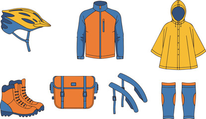 Assortment of yellow and blue cycling gear including helmet jacket boots and bag bicycle equipment