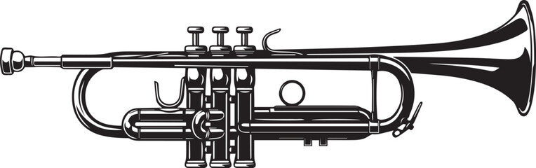 Black and white illustration of a trumpet with valves and bell brass instrument musical instrument
