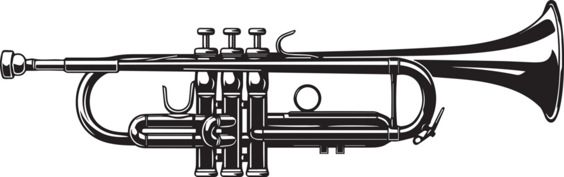 Black and white illustration of a trumpet with valves and bell brass instrument musical instrument