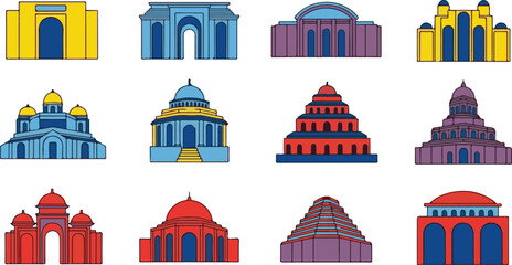 Collection of Stylized Colorful Buildings with Arches and Domes architecture structures