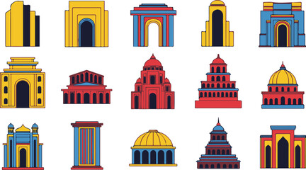 Colorful Stylized Illustrations of Various Architectural Landmarks architecture building