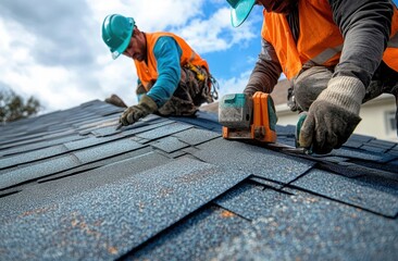 two construction workers in teal hard hats and orange vests installing asphalt shingles on a residential roof with a nail gun, focused teamwork under a bright blue sky