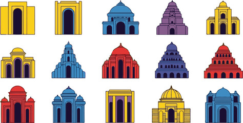 Collection of colorful stylized building icons with varied architectural designs architecture symbol