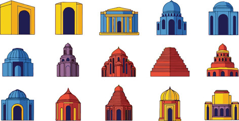 Grid of Diverse Stylized Buildings with Arches and Domes in Color architecture structures