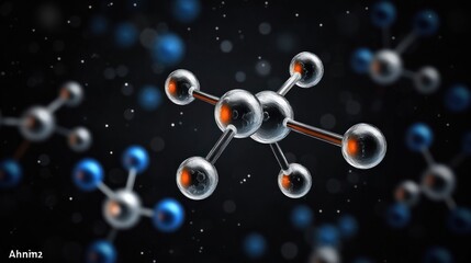 Metallic molecular structure with glowing orange atom cores and connecting rods floating in a dark bokeh field, futuristic scientific wonder and curiosity